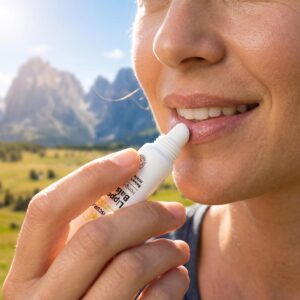 Nahaufnahme einer lächelnden Wanderin in den Tiroler Alpen, die sich den Apiscura Lippen-Balsam aufträgt. Sie hält die weiße Tube mit dem charakteristischen Logo und der Aufschrift „Lippen-Balsam“ so, dass die abgerundete Applikatorspitze sanft ihre Lippen berührt. Im Hintergrund erstreckt sich eine sonnige alpine Landschaft mit blühenden Almwiesen und markanten Berggipfeln unter strahlend blauem Himmel. Die Szene wirkt natürlich und hochwertig, mit einer sanften Tiefenunschärfe, die den Fokus auf die Gesichtspflege im Freien legt.